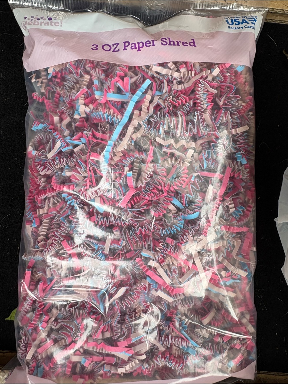 15 bags! 3oz per bag Pink Blue Cream Paper Shreds shredded paper- 45oz total